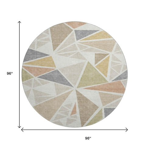 8' Ivory Gold And Green Geometric Washable Round Rug With UV Protection