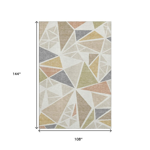 9' X 12' Ivory Gold And Green Geometric Washable Area Rug With UV Protection