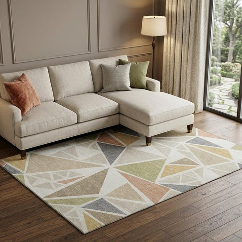 9' X 12' Ivory Gold And Green Geometric Washable Area Rug With UV Protection