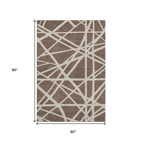 5' X 8' Brown And Ivory Geometric Washable Area Rug With UV Protection