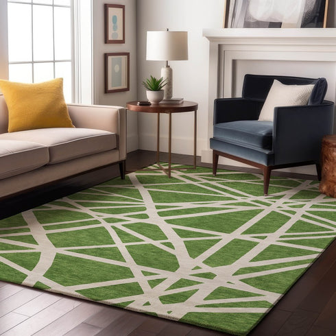 8' X 10' Green And Ivory Geometric Washable Area Rug With UV Protection