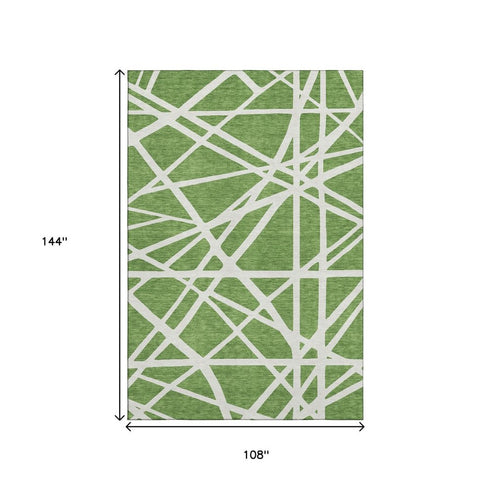 9' X 12' Green And Ivory Geometric Washable Area Rug With UV Protection