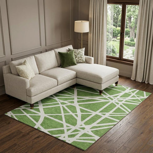 9' X 12' Green And Ivory Geometric Washable Area Rug With UV Protection