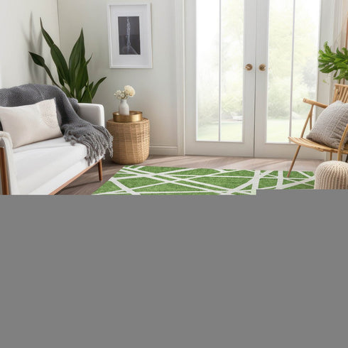 9' X 12' Green And Ivory Geometric Washable Area Rug With UV Protection