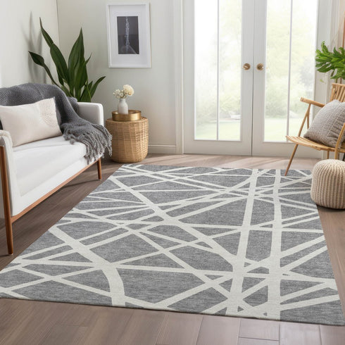 8' X 10' Gray And Ivory Geometric Washable Area Rug With UV Protection