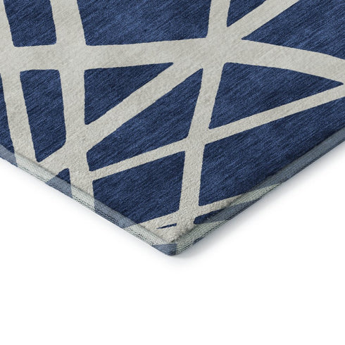 5' X 8' Navy Blue And Ivory Geometric Washable Area Rug With UV Protection