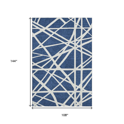 9' X 12' Navy Blue And Ivory Geometric Washable Area Rug With UV Protection
