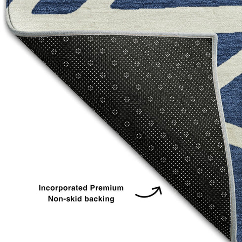 9' X 12' Navy Blue And Ivory Geometric Washable Area Rug With UV Protection