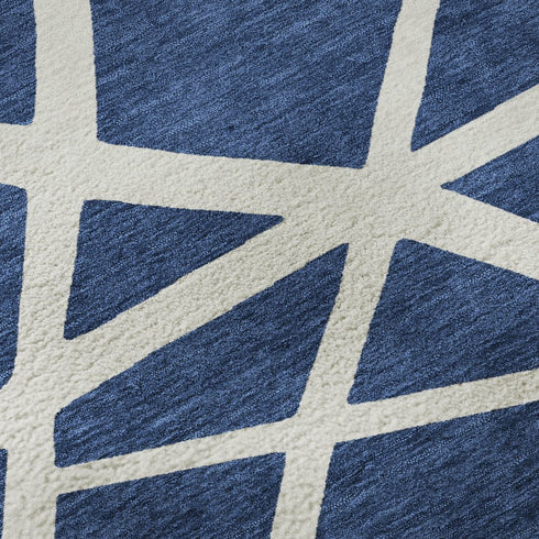 9' X 12' Navy Blue And Ivory Geometric Washable Area Rug With UV Protection