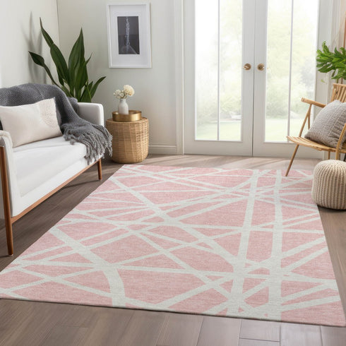9' X 12' Pink And Ivory Geometric Washable Area Rug With UV Protection
