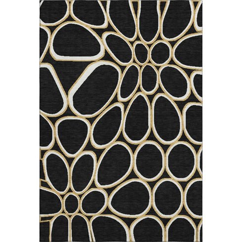 5' X 8' Black Ivory And Gold Geometric Washable Area Rug With UV Protection
