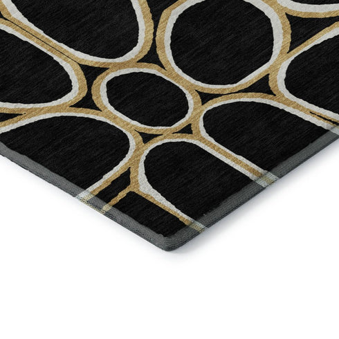 5' X 8' Black Ivory And Gold Geometric Washable Area Rug With UV Protection