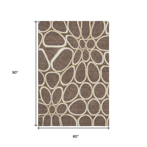 5' X 8' Brown Ivory And Gold Geometric Washable Area Rug With UV Protection