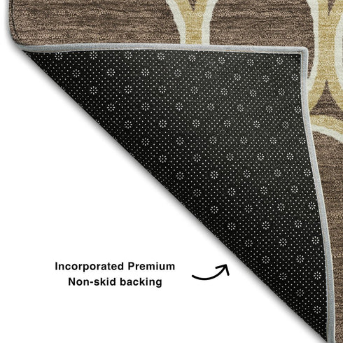 5' X 8' Brown Ivory And Gold Geometric Washable Area Rug With UV Protection