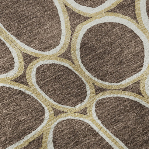 5' X 8' Brown Ivory And Gold Geometric Washable Area Rug With UV Protection