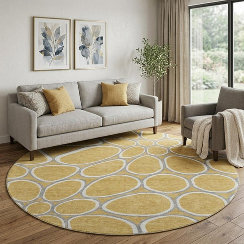 8' Gold Ivory And Gray Geometric Washable Round Rug With UV Protection