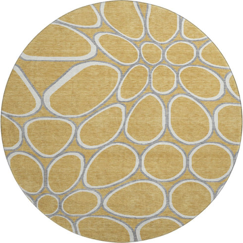 8' Gold Ivory And Gray Geometric Washable Round Rug With UV Protection