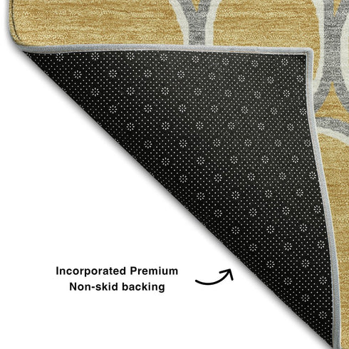 8' Gold Ivory And Gray Geometric Washable Round Rug With UV Protection