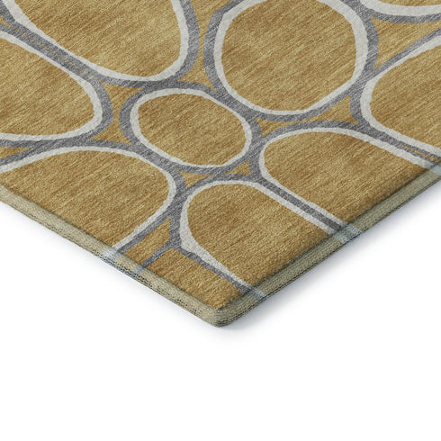 8' Gold Ivory And Gray Geometric Washable Round Rug With UV Protection