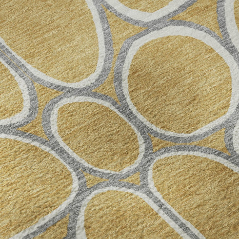 8' Gold Ivory And Gray Geometric Washable Round Rug With UV Protection