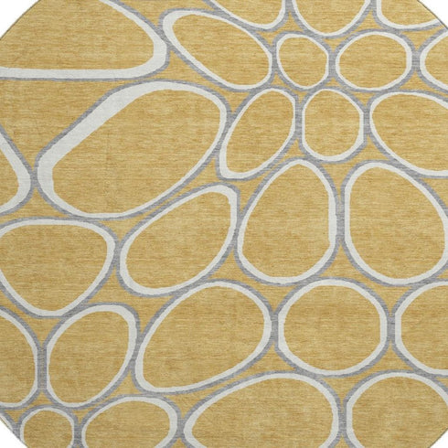 8' Gold Ivory And Gray Geometric Washable Round Rug With UV Protection