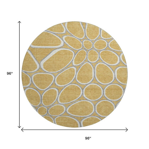8' Gold Ivory And Gray Geometric Washable Round Rug With UV Protection