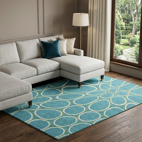 8' X 10' Teal Ivory And Green Geometric Washable Area Rug With UV Protection