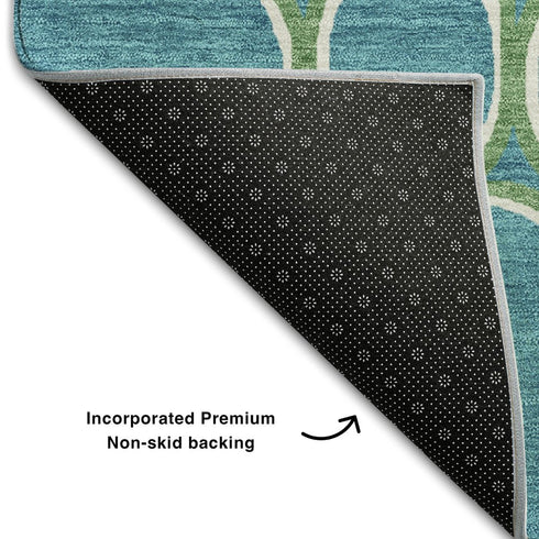 8' X 10' Teal Ivory And Green Geometric Washable Area Rug With UV Protection