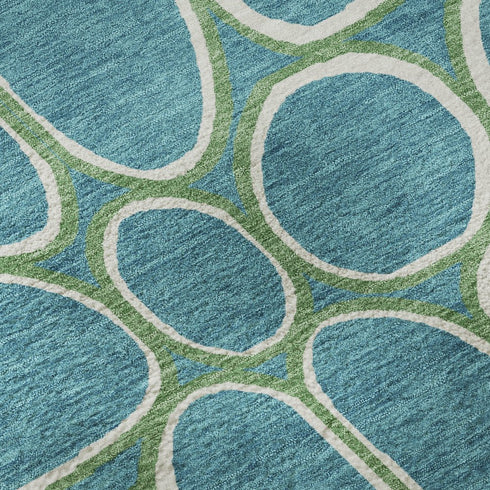 8' X 10' Teal Ivory And Green Geometric Washable Area Rug With UV Protection