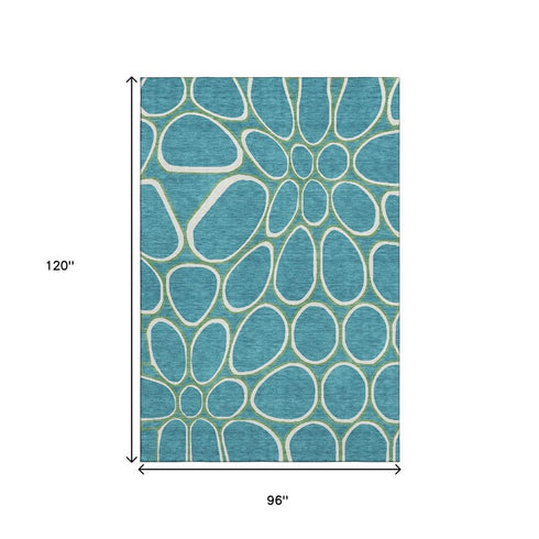 8' X 10' Teal Ivory And Green Geometric Washable Area Rug With UV Protection