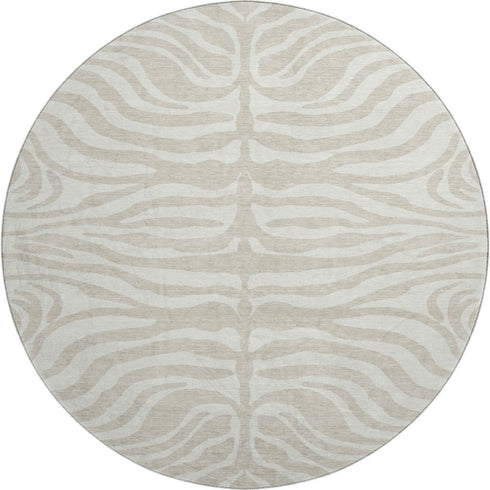 8' Beige And Ivory Animal Print Washable Round Rug With UV Protection