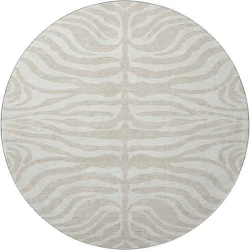 8' Beige And Ivory Animal Print Washable Round Rug With UV Protection