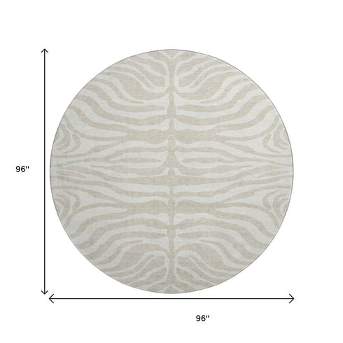 8' Beige And Ivory Animal Print Washable Round Rug With UV Protection