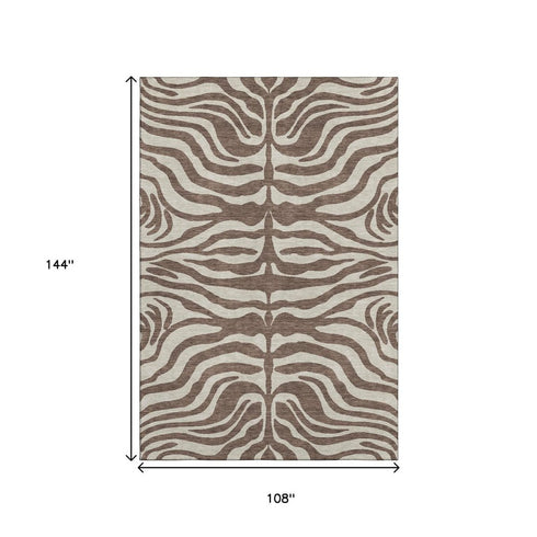 9' X 12' Brown And Beige Animal Print Washable Area Rug With UV Protection