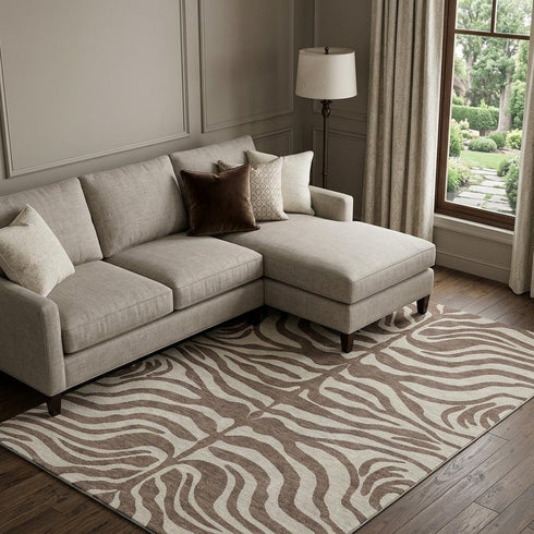 9' X 12' Brown And Beige Animal Print Washable Area Rug With UV Protection