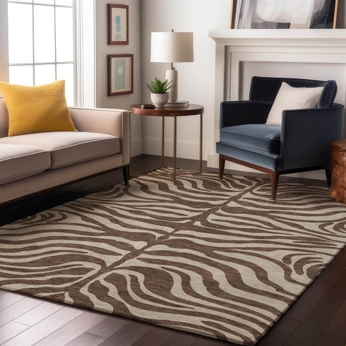 9' X 12' Brown And Beige Animal Print Washable Area Rug With UV Protection