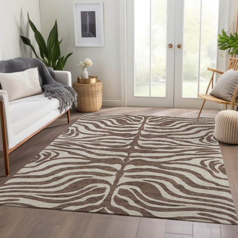 9' X 12' Brown And Beige Animal Print Washable Area Rug With UV Protection