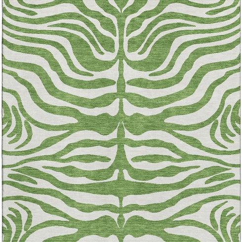 5' X 8' Green And Ivory Animal Print Washable Area Rug With UV Protection