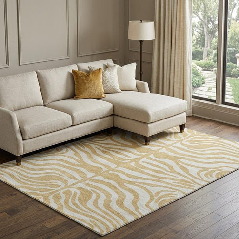 8' X 10' Gold And Ivory Animal Print Washable Area Rug With UV Protection