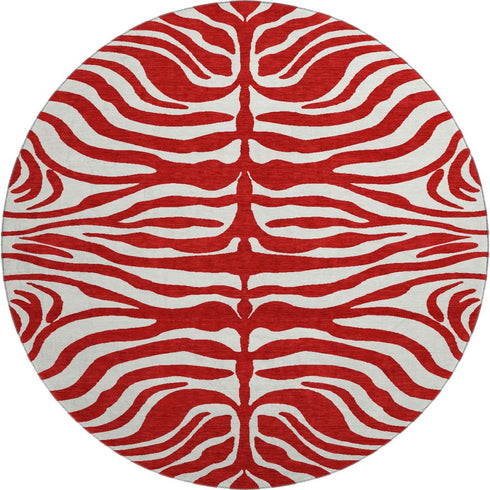8' Red And Ivory Animal Print Washable Round Rug With UV Protection