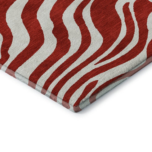 8' Red And Ivory Animal Print Washable Round Rug With UV Protection
