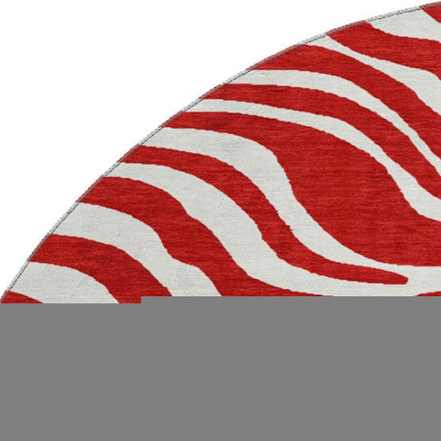 8' Red And Ivory Animal Print Washable Round Rug With UV Protection