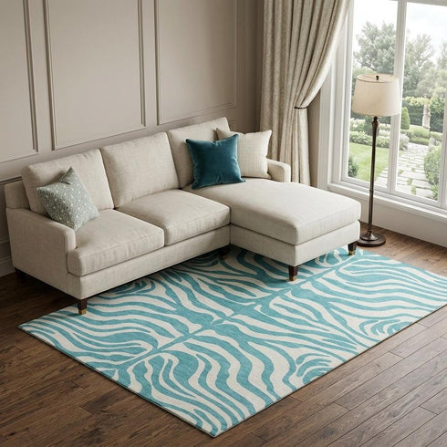 8' X 10' Teal And Ivory Animal Print Washable Area Rug With UV Protection