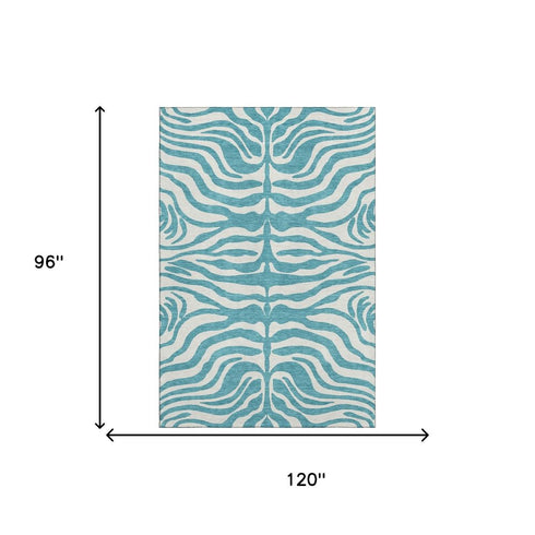8' X 10' Teal And Ivory Animal Print Washable Area Rug With UV Protection