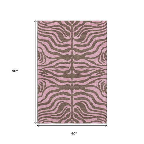 5' X 8' Brown And Pink Animal Print Washable Area Rug With UV Protection