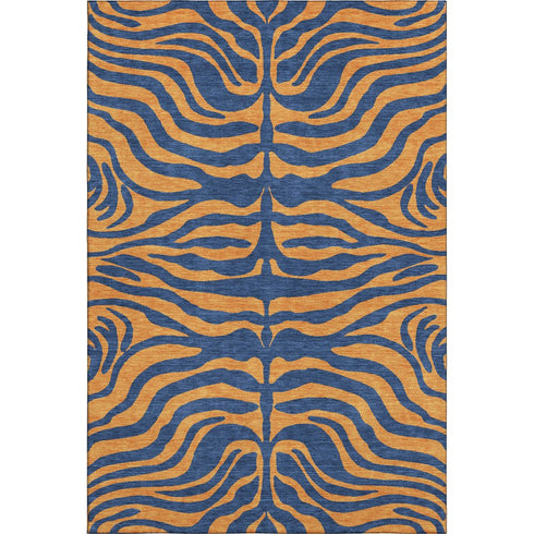 5' X 8' Navy Blue And Orange Animal Print Washable Area Rug With UV Protection