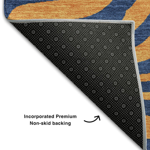 5' X 8' Navy Blue And Orange Animal Print Washable Area Rug With UV Protection