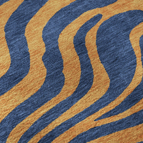 5' X 8' Navy Blue And Orange Animal Print Washable Area Rug With UV Protection