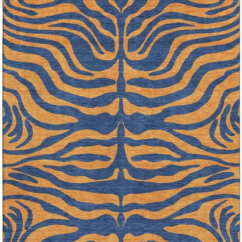 5' X 8' Navy Blue And Orange Animal Print Washable Area Rug With UV Protection