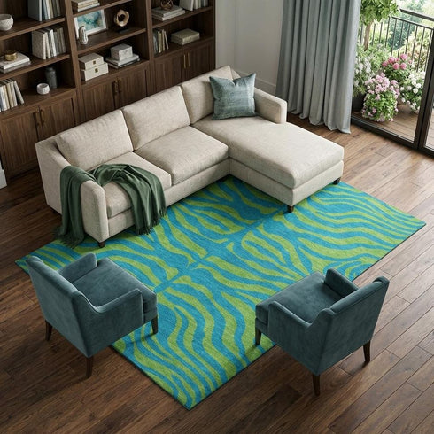 8' X 10' Teal And Lime Green Animal Print Washable Area Rug With UV Protection